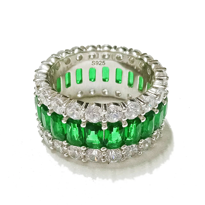 

Luxury S925 Sterling Silver Jewelry Emerald Sapphire Full Zircon Diamond Row Wedding Ring Fashion Women
