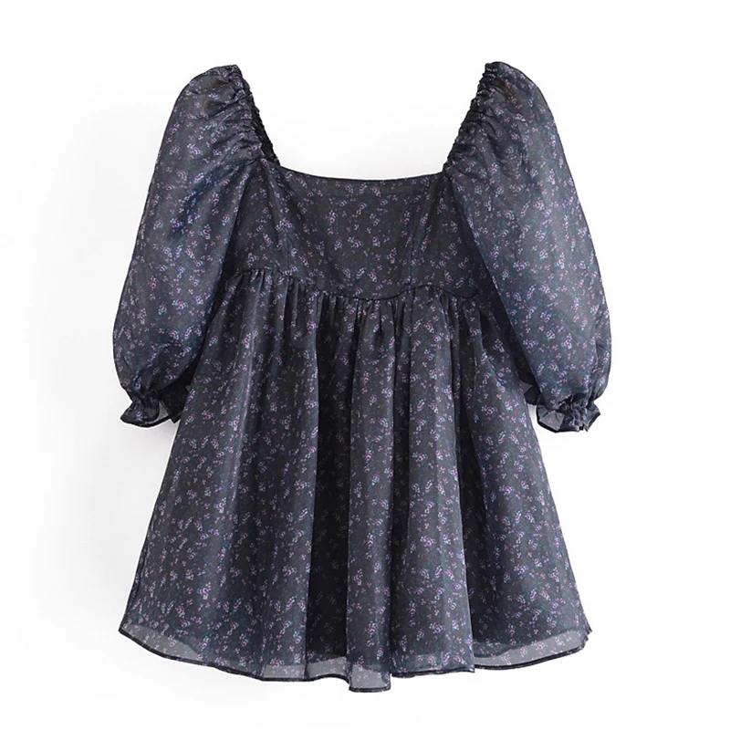 YENKYE New Women Vintage Floral Print Organza Princess Party Dress Sexy Square Neck Puff Sleeve Robe Short Vestido | Женская одежда