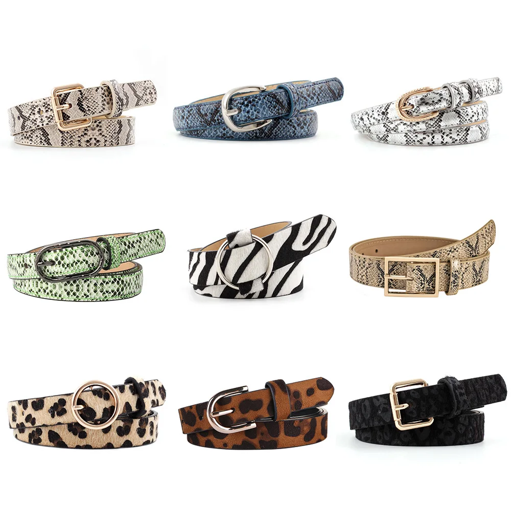 Female Leopard Belt Snake Skin Zebra Print Thin Horsehair Waistband PU Leather Gold Ring Heart Pin Metal Buckle Ladies Belts
