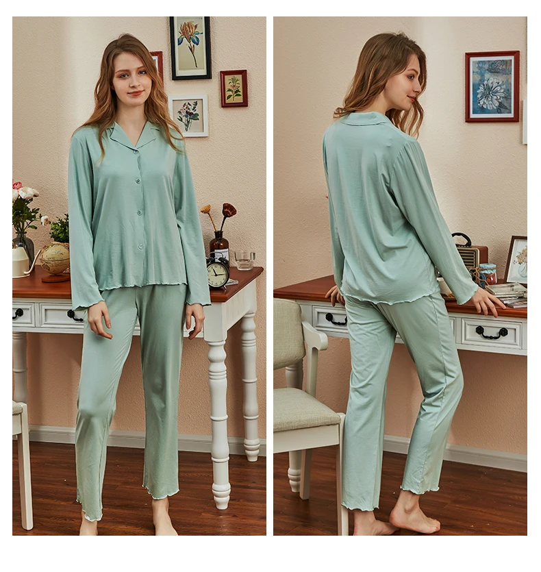 Autumn New Ladies'Cotton Open-lapel Long Sleeve Sleepwear Suit