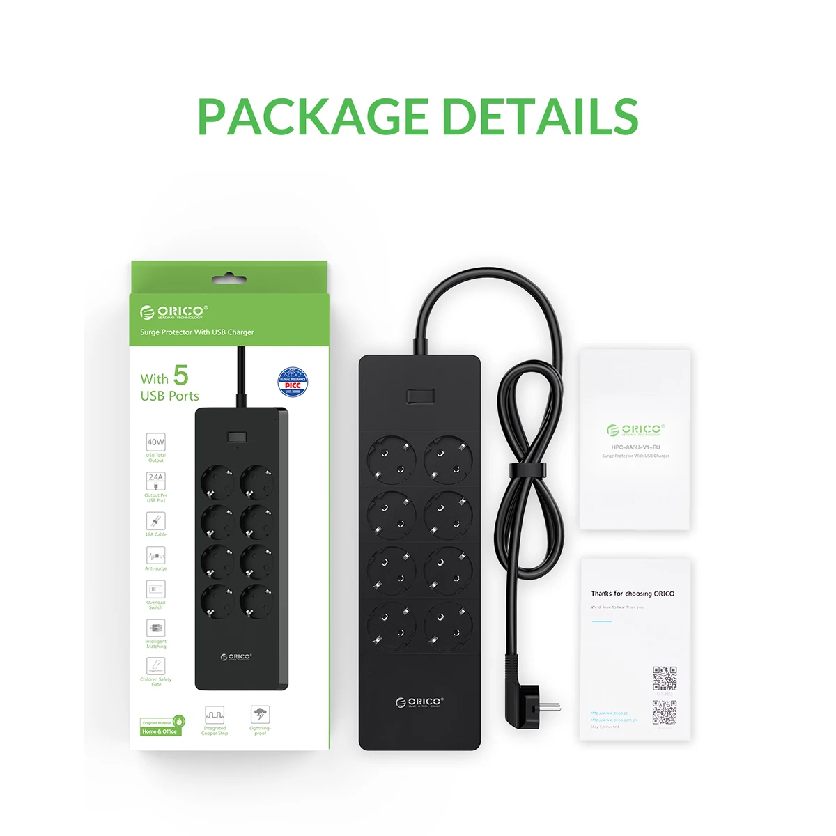 Plugue da ue Adaptador de Energia Orico Tomada Elétrica Cabo Extensão Tira Inteligente Soquetes 8ac 5 Usb - Image 6