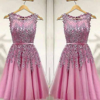 

Pink Appliques Lace Beading A-line Cocktail Dresses Simple Sleeveless Tulle Party Gown коктейльное платье
