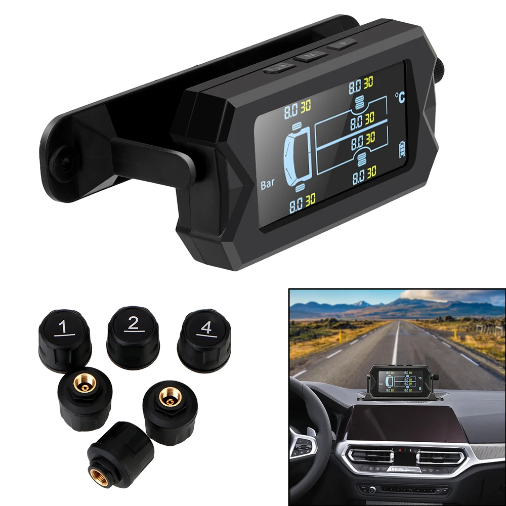 

Tire Pressure Monitoring System Digital LCD Alarm Wireless Solar with 6 External Sensors Car RV Truck TPMS