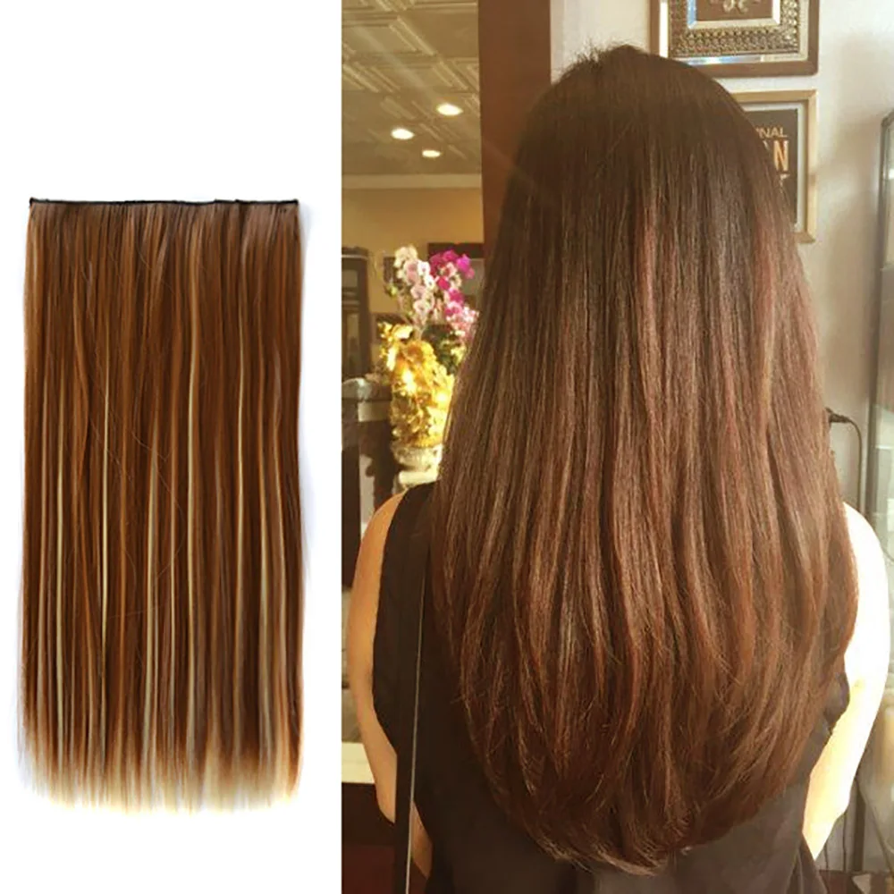 

LIHUI 24inch Synthetic Hair Straight Brown Clip In Hair Extensions Women Headwear Hairpins False Strands One Piece Hair