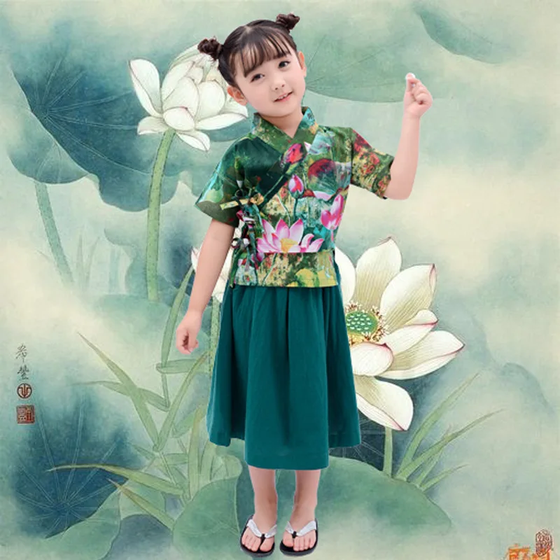 

Girls Summer Set Skirt 2019 NEW CHILDREN'S Female Baby Cotton Linen Chinese-style Retro Lotus Chinese Clothing Two-Piece Set