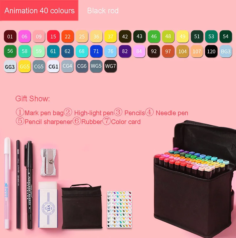 Markers brush Pen Set authentic student double-headed beginner 30/40/60/80 colors oil alcohol painting marker art supplies - Цвет: Anime 40  black rod