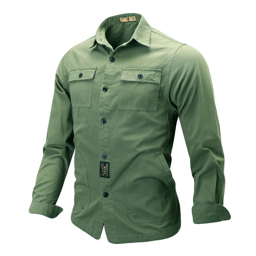 Feitong camisa masculina Однотонная рубашка мужская повседневная Однотонная рубашка в стиле милитари с длинным рукавом и карманом рубашка мужская рубашка