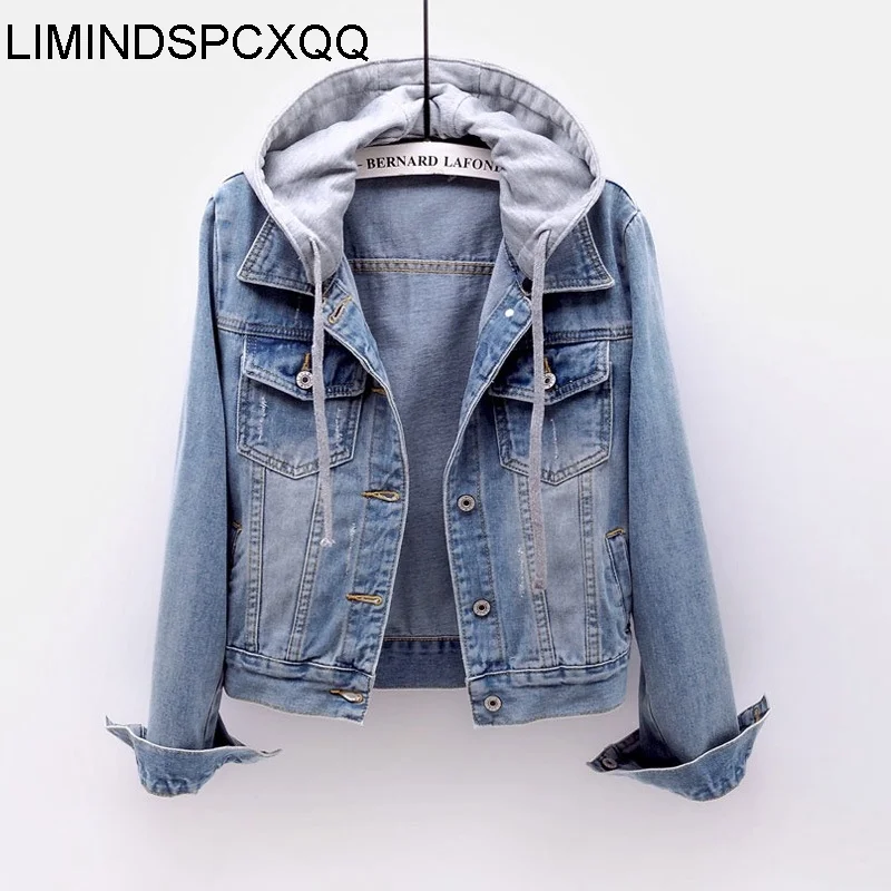 Chaquetas vaqueras cortas capucha Para Mujer, De estilo coreano, Chaquetas De Mezclilla Para Mujer, ropa informal De manga larga desgastada 2021|Lana y - AliExpress