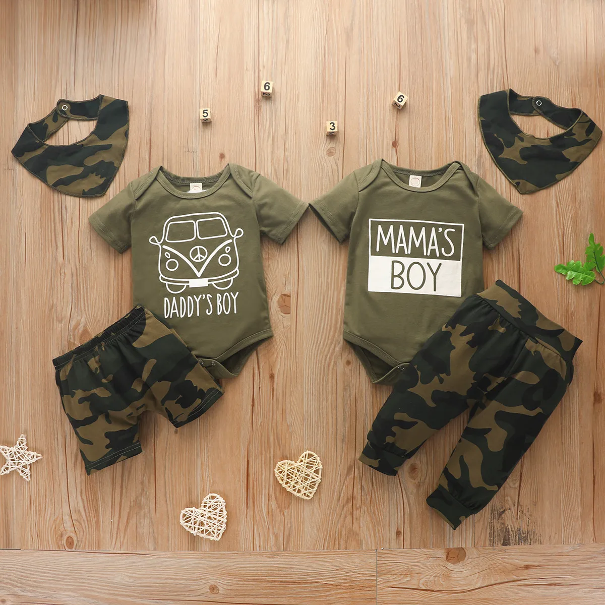 Nouveau-né infantile bébé garçons 0-18M vêtements ensembles 3 pièces dessin animé impression à manches courtes barboteuse hauts + camouflage Shorts/pantalons + bavoir