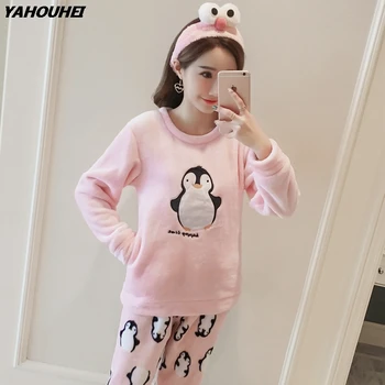 

2019 Winter Thick Warm Flannel Pajamas Sets For Women Long Sleeve Coral Velvet Pyjamas Girls Cute Cartoon Sleepwear Pijama Mujer