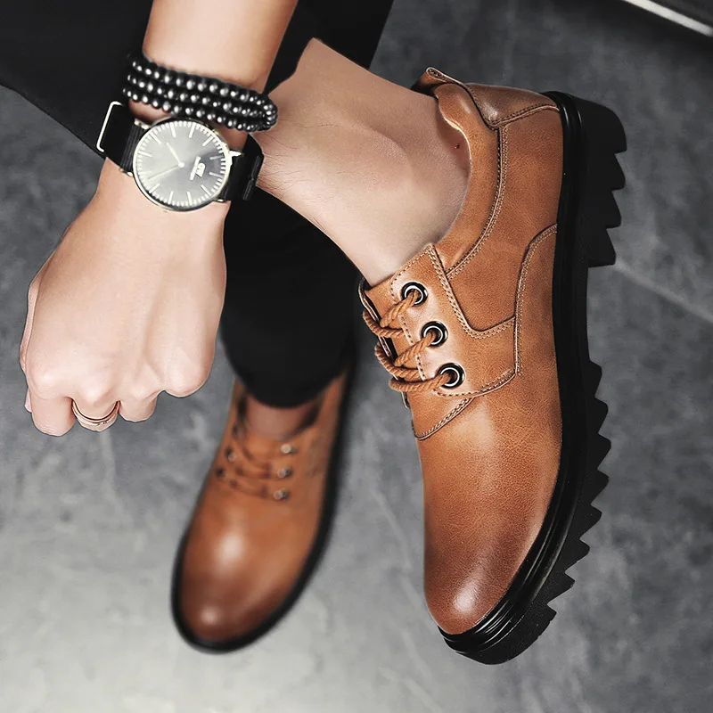 

Casual Retro Solid Men Western Boots Ankle PU Sewing Military Work Boots Low Lace-Up Spring Autumn Business Shoes