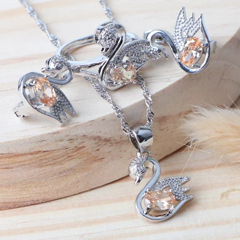 

Silver 925 Cubic Zirconia Orange Bridal Jewelry Sets Costume Women Wedding Ring Pendant Necklace luxury Jewelry Earrings Set