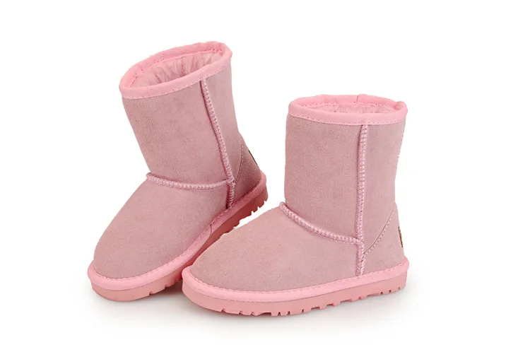 Детские зимние ботинки из овечьей кожи; меховые ботинки для мальчиков и девочек; детская Лыжная обувь для холодной зимы; кожаная обувь - Цвет: Розовый