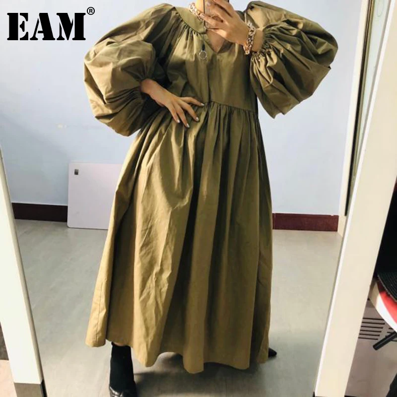[EAM] Women Khaki Pleated Big Size Long Dress New
