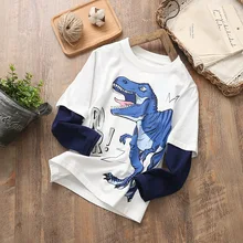 Базовая Детская футболка с длинными рукавами для мальчиков Осенняя футболка с длинными рукавами с большим динозавром длинная футболка из двух предметов для больших мальчиков