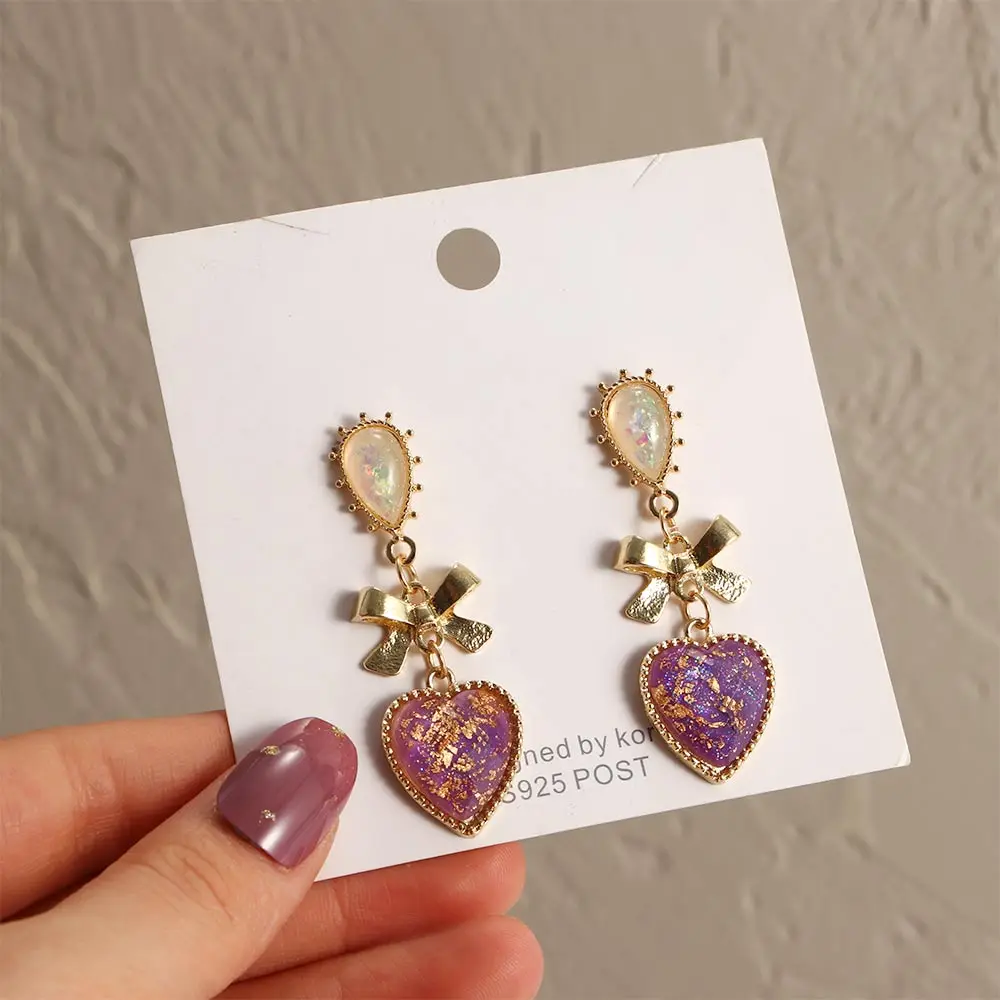 Stud Earrings Golden Earrings Bowknot Heart Resin Earrings Korean Classic Style Golden Peach Heart Stud Earrings For Woman Jewelry Valentine's Day present