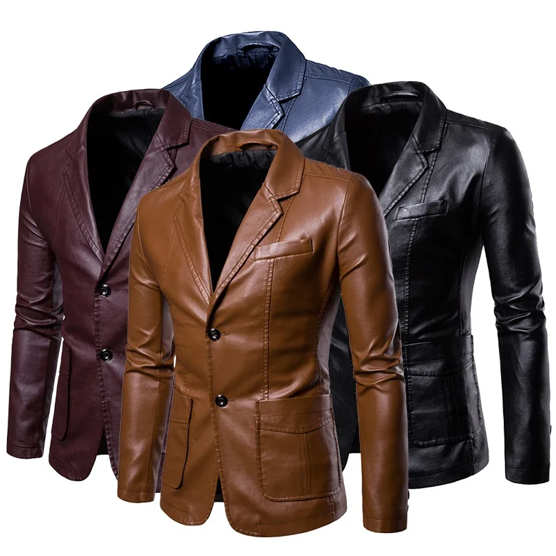 Men's PU Leather Jacket Fashion Slim Fit New Leather Suit Men Business