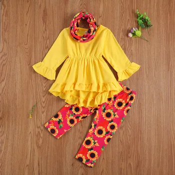 

1-6Y toddler baby girl 3 pieces outfit ruffle long sleeve top and floral pant with headband set for child girl outfit