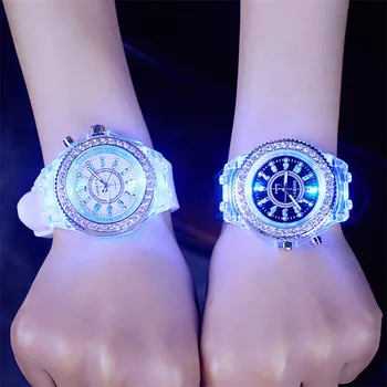

Luminous Women Sports Watch Diamond Dial LED Waterproof 30m Colorful Glow with Silicone Strap Flashing Quartz Watches for Ladies