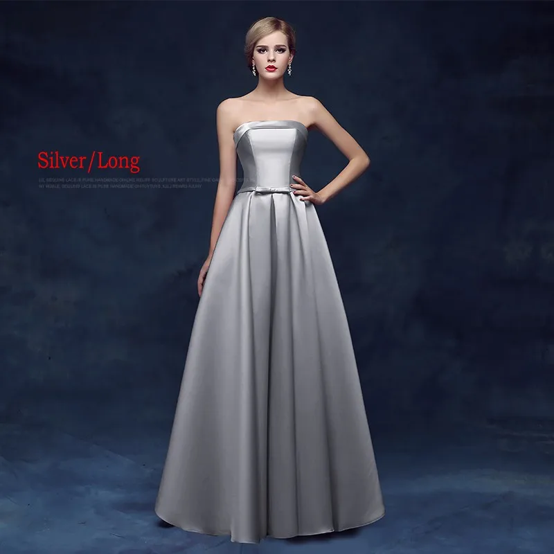Silver-LONG Erosebridal атласное вечернее платье без бретелек для женщин, простой дизайн, длинное вечернее кружевное платье, длинное/Середина/короткое - Цвет: Silver-LONG