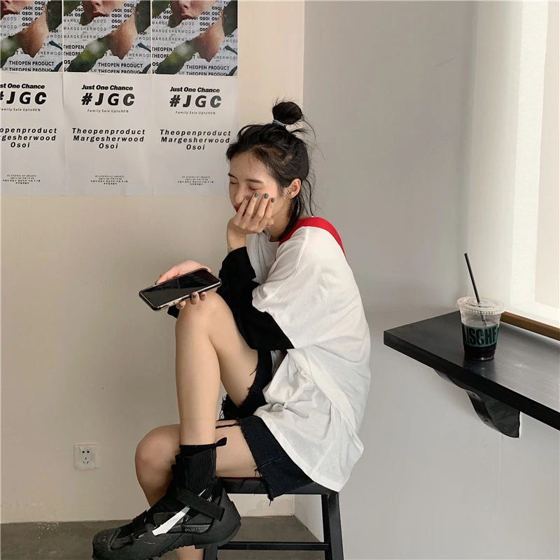 Повседневный стиль Ulzzang с декоративными вставками лоскутное Женские топы с длинными рукавами Весенняя женская одежда новая Корейская Harajuku свободная футболка с круглым вырезом