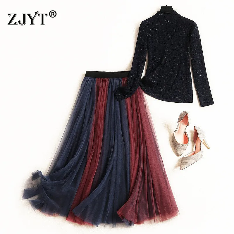

Female Casual 2 piece Skirt Set Women Autumn Winter Outfits Fashion Long Sleeve Pullover Knit Sweater and Tulle Skirt Set