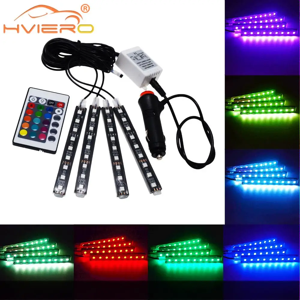 

4X Car RGB Led Strip Light 5050 SMD Auto Remote Control Decorative Flexible LED Dome Atmosphere Lamp Kit Fog Lamp DC 12V