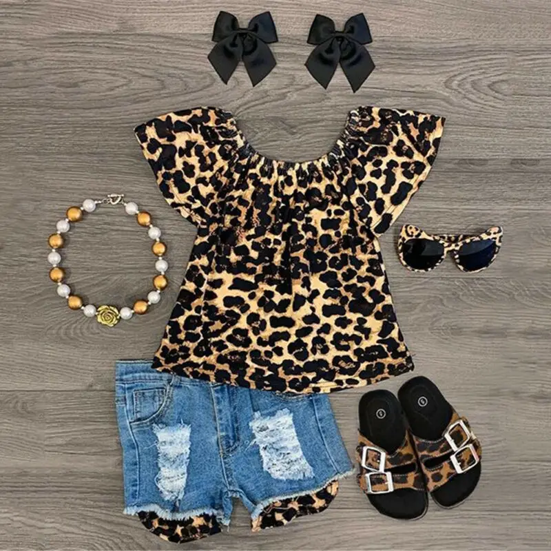 

1-6T Summer Kids Baby Girl Off-Shoulder Leopard Print Tops Shirt + Ribbed Denim Shorts Clothes