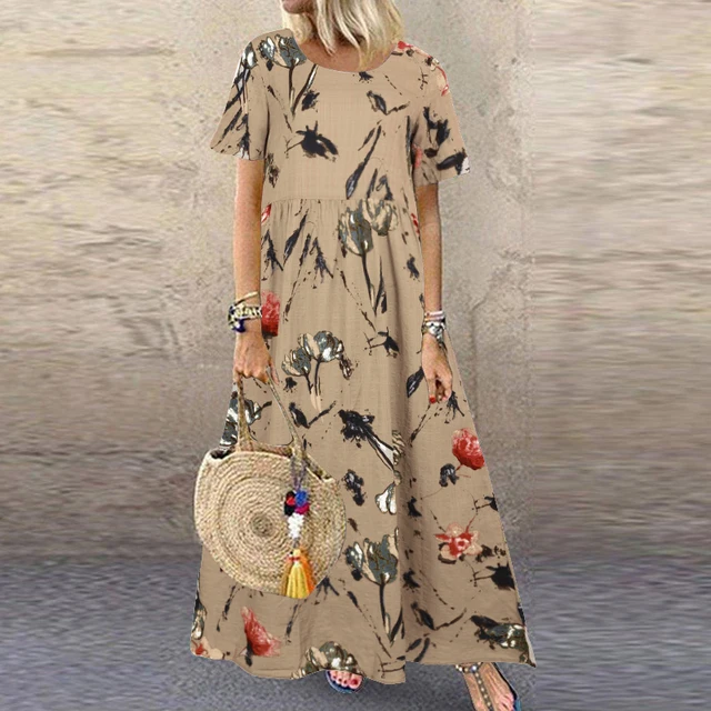 ZANZEA Fashion Summer Maxi Dress Women's Printed Sundress Casual Short Sleeve Vestidos Female High Waist Robe Femme A1 Beige CottonRayon