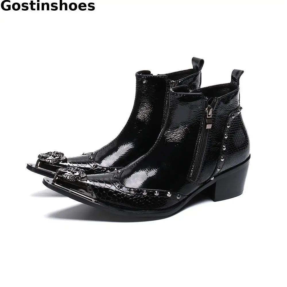 

Wing Tip Slip On Side Zipper Men Work Boots Genuine Leather Stainless Steel Cap Toe Dress Work Boots Men Boots Snakeskin Printed