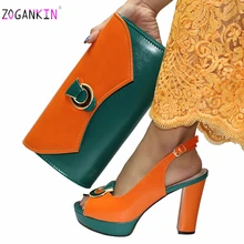 Итальянские женские туфли и сумочка в комплекте оранжевого и темно-зеленого цвета; женские офисные туфли и сумочка в нигерийском стиле