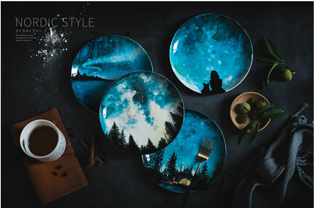 Europe Sky Tableware Dessert Plates Bone China Breakfast Plate Round Dinner Dish Pastry Fruit Cake Platter Home Decoration (2)