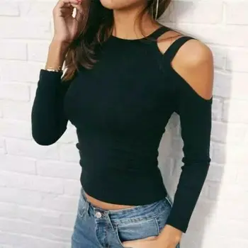 

Women Plus Size Sexy Hollow Out Off Shoulder Long Sleeve Blouse Casual Oversize Black Cotton Blend Halter Tops Tee