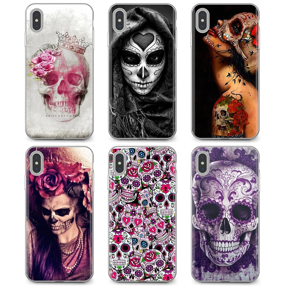 Silicone Housing For iPhone 11 Pro 4 4S 5 5S SE 5C 6 6S 7 8 X 10 XR XS Plus Max iPod Touch Sugar Skull pink Flowers Tattooed | Мобильные