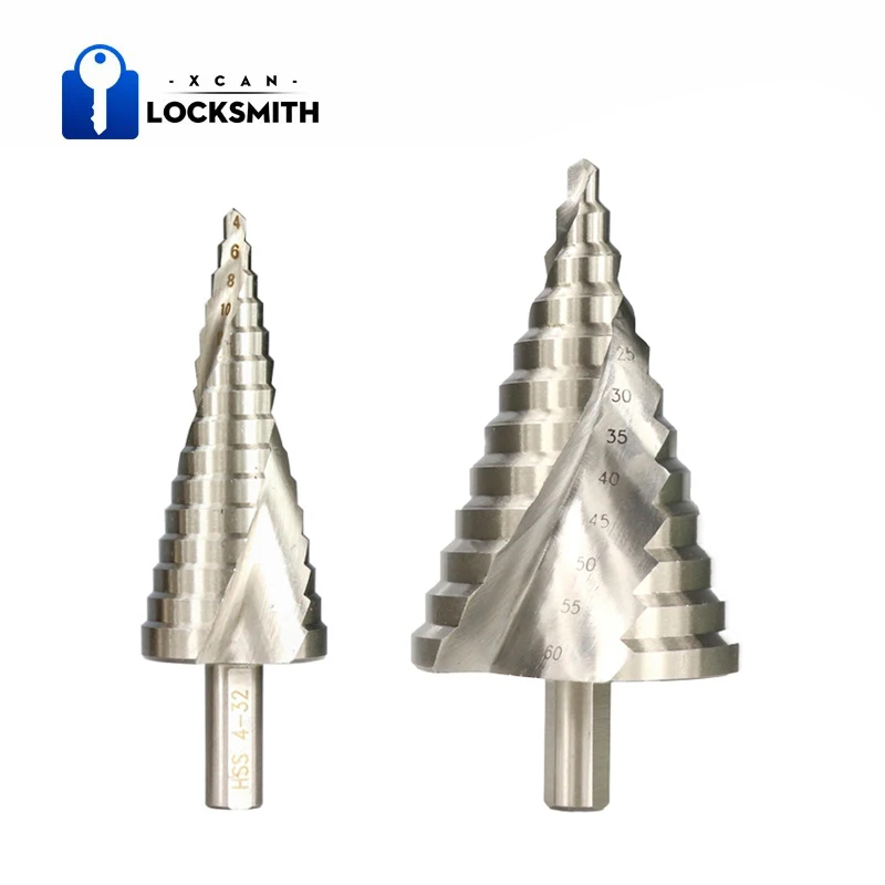 xcan step cone drill bit 3 12 13 4 12 20 22 32mm hole cutter for wood metal drilling tool step drill bit Step Cone Drill 1pc HSS 4-32mm 6-60mm Step Drill Bit Spiral Grooved Pagoda Drill Triangle Shank Hole Cutter