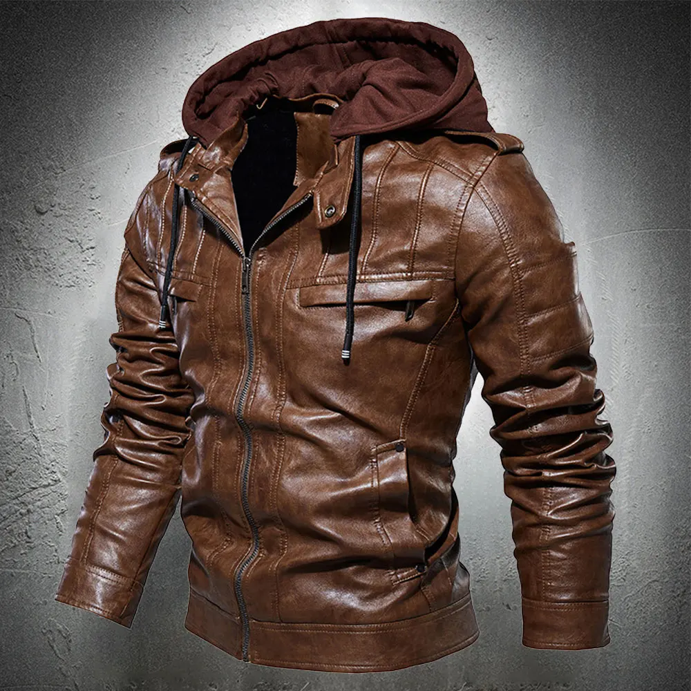 Chaqueta de cuero Vintage para hombre, abrigos y chaquetas de cuero marrón con capucha, prendas de vestir, abrigo de moda de talla grande 4XL 2020