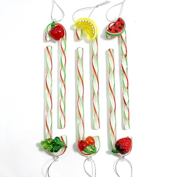 

6pcs Handmade Murano Glass Xmas Candy Cane With Mini Cute Fruit Accessories Hanging Creative Christmas Tree Decor Crutch Pendant