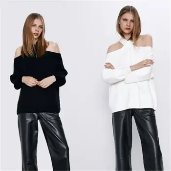 

2020 ZA Women's Sweater Fashion New Spring Off Shoulder Loose Sweater Boho Women's Sexy Long Sleeve Sweater Party Gift Wholesale