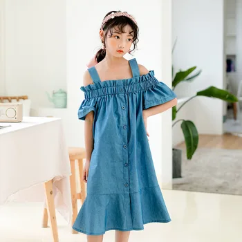 

YourSeason New 2020 Summer Cute Girl Elegant Kids Cowboy Dresses Teen Girls Fashion Off Shoulder Cotton Loose Button Jeans Dress