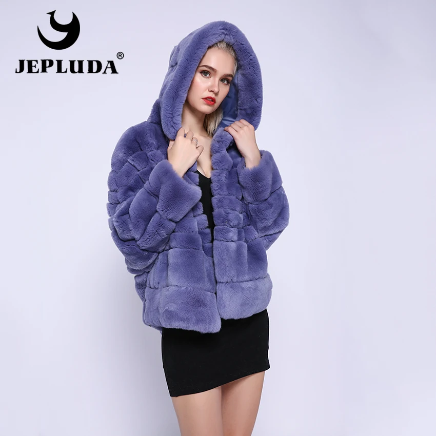 JEPLUDA Свободная Стильная Шуба Натуральный Мех Кролик Рекс Для Женщин Короткий Легкий Мягкий Теплая Куртка Зимняя Женская с Капюшоном Зимнее Пальто Женское Утеплённый Шуба Из Натурального Меха Рекс Кролика Настоящее