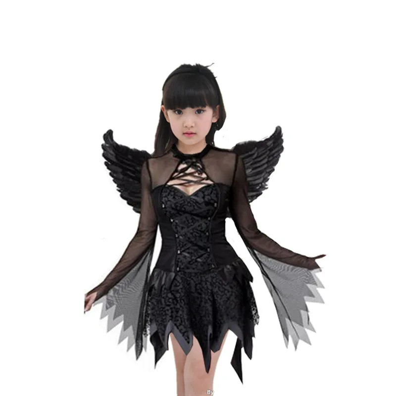 dress headband wings Хэллоуин ведьма костюм для девочек, вампир ведьма, платье-пачка с повязкой на голову, крылья летучей мыши, детское нарядное платье ведьмы, комплект из 3 предметов - Цвет: dress headband wings