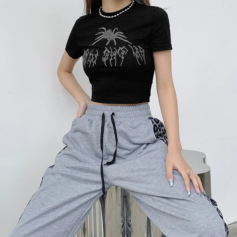 ALLNeon Punk Rhinestone Graphic Black T shirts Mall Goth Y2K O neck Short Crop Tops E girl Aesthetics Tees|T-Shirts| - AliExpress