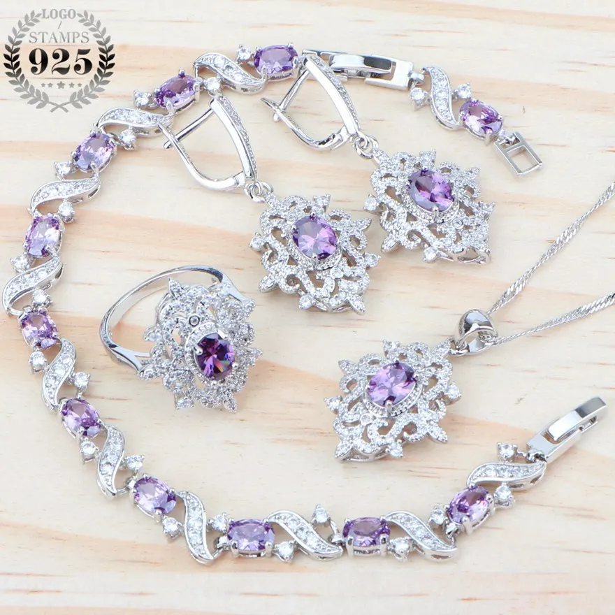 Фиолетовый Цирконий 925 стерлингового серебра ювелирные наборы женские Серьги Кольца Браслеты свадебное ожерелье кулон свадебный набор подарки коробка - Окраска металла: 4PCS
