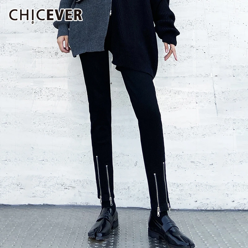CHICEVER корейские черные женские брюки с высокой талией и карманами большие размеры