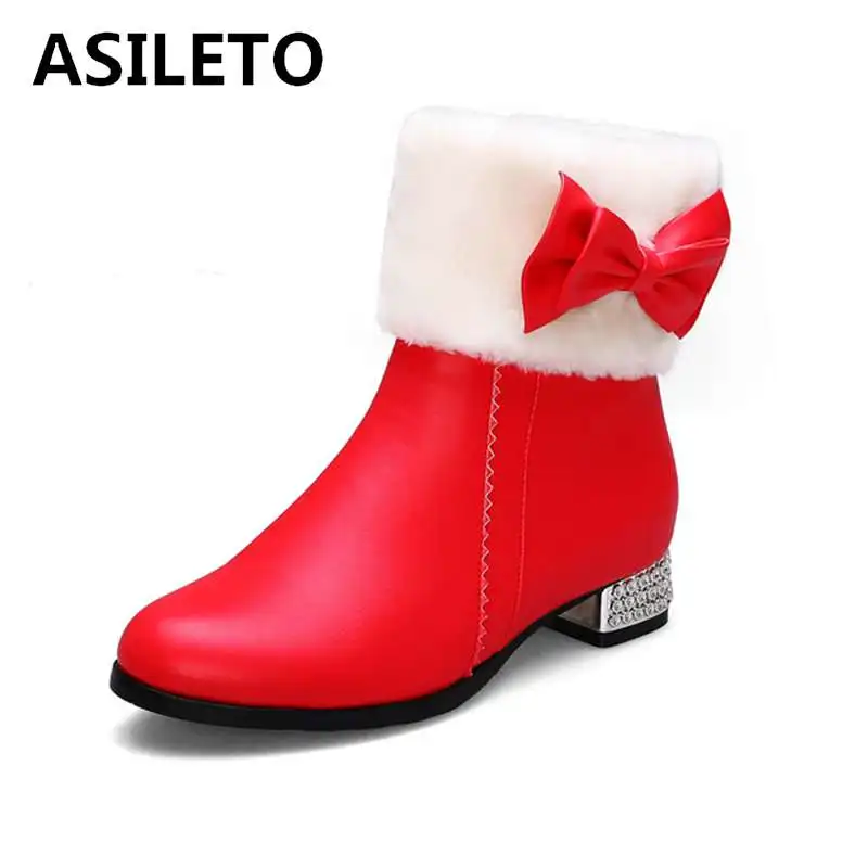 

ASILETO large size 28-43 sweet winer snow boots women bowtie crystal heels warl plush ankle booties zipper bottines mujer botas