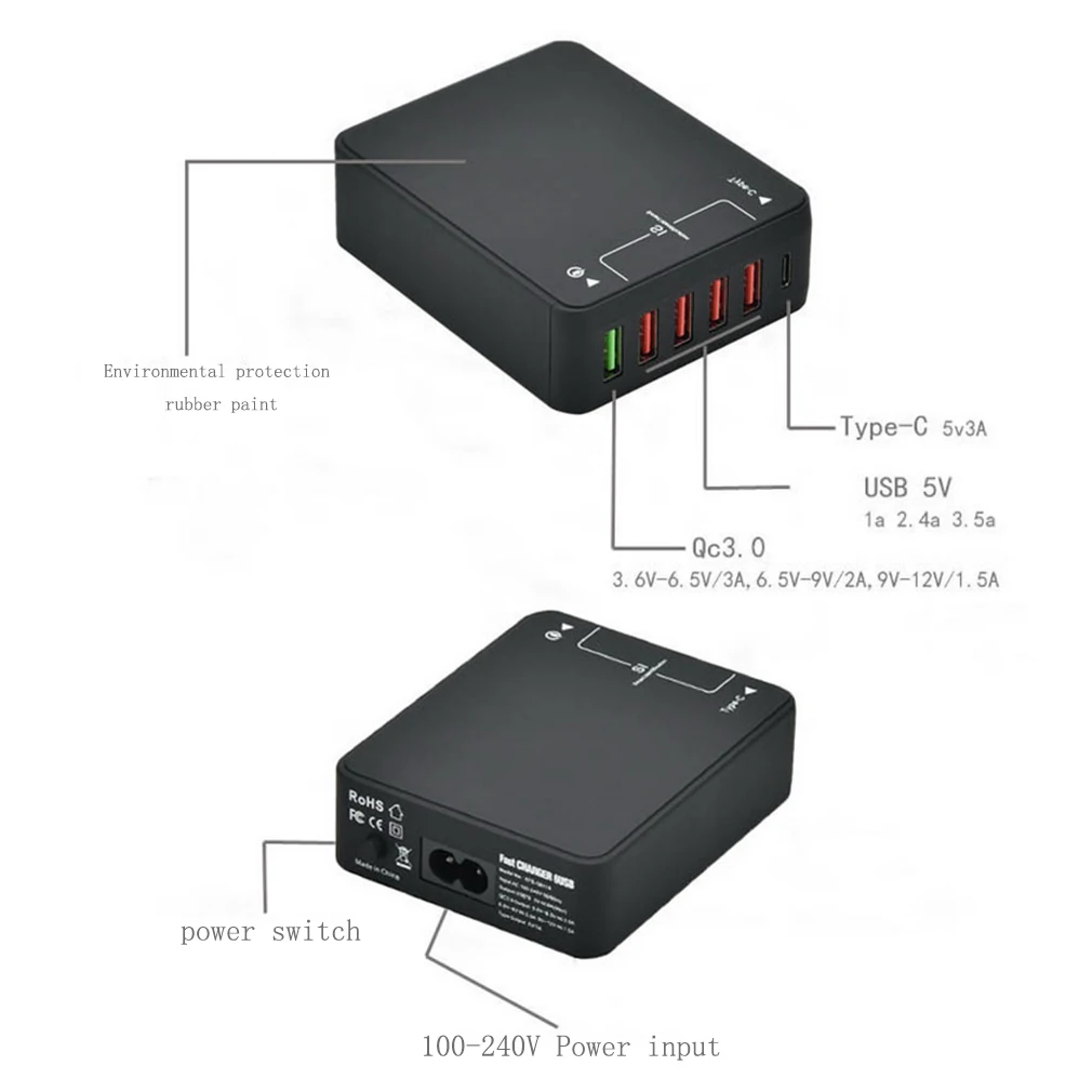 Compact Size 6 Ports QC3.0 Multiple Smart Charger Adapter Q8118 Fast Charging Charger For Iphone For Samsung Black