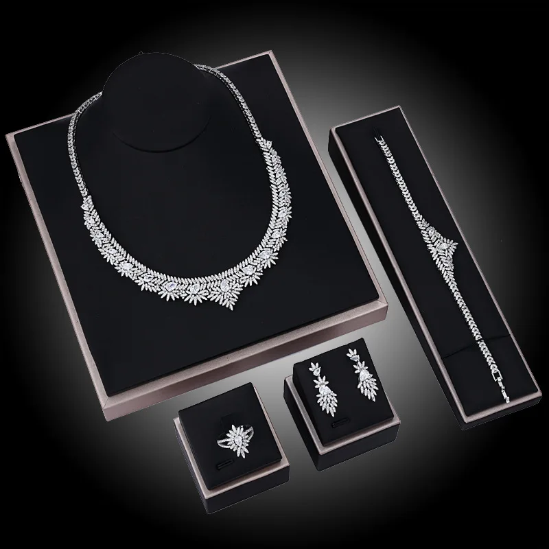 

EYER Trendy Wedding Necklace Earrings Bracelet RIng Sets for Women Full AAA Cubic Zirconia Bridal Jewelry Sets pendientes mujer