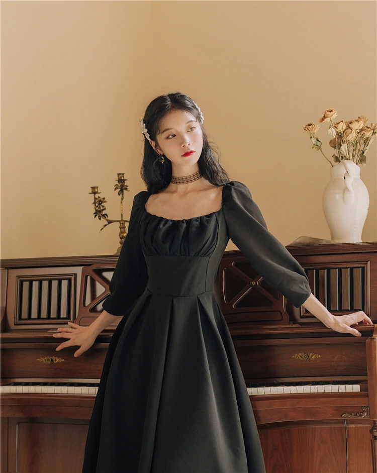 Бесплатная доставка черное романтическое винтажное длинное платье во