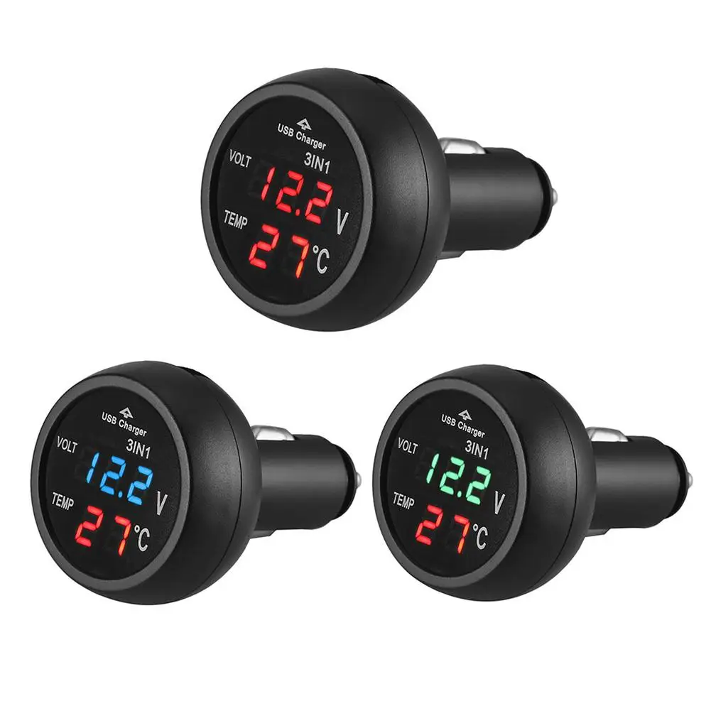 3 in 1 12V Digital LED USB Charger Voltmeter Thermometer Car Battery Monitor CS 