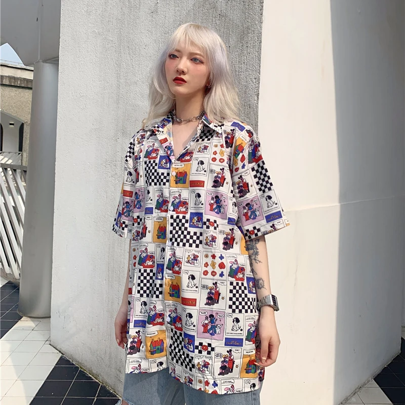 Lychee Harajuku короткий рукав цвет блок Свободная Женская блузка летняя женская блузка мультфильм плед персонаж печати леди рубашка